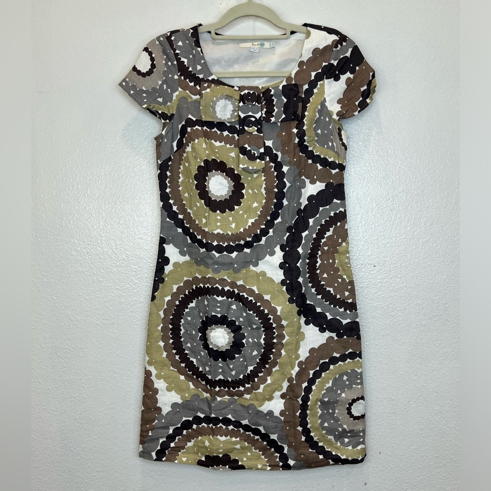 Boden Dress Size 2 Womens Brown Twiggy Geometric Dot Print Linen Shift Bow